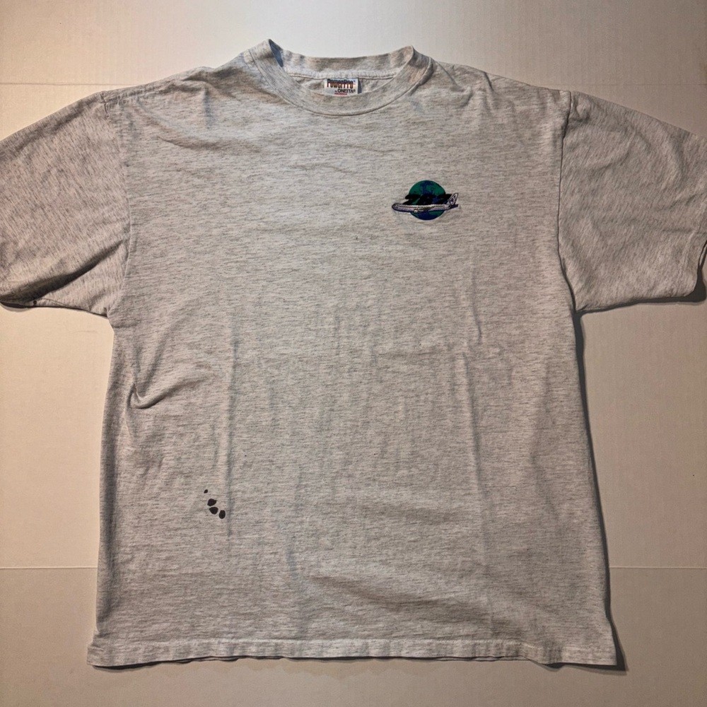 Vtg Oneita Power Pro Boeing 767 Airplane Jet Globe Embroidered Logo 90s Tshirt